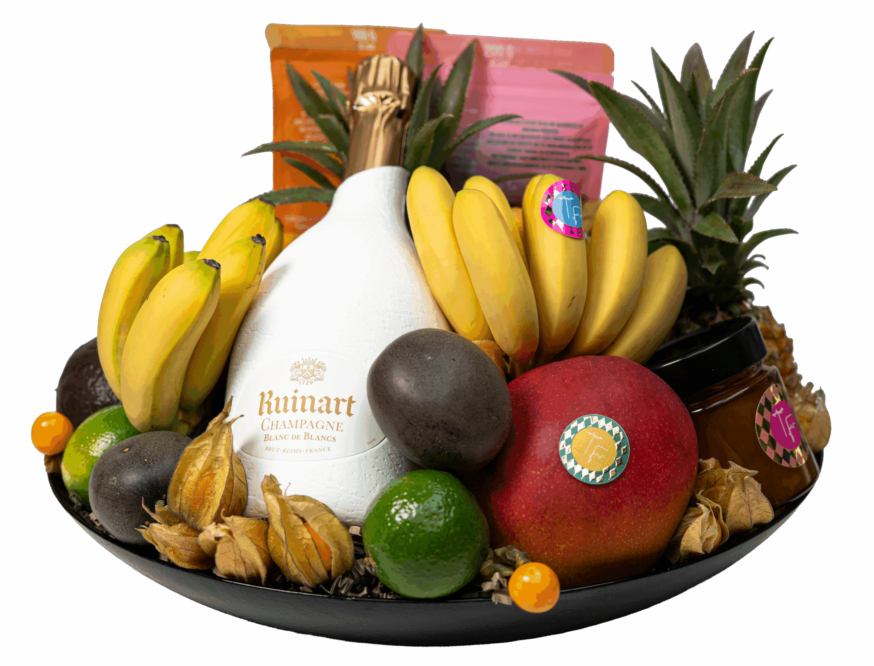 Panier de fruits gourmet exotiques vu de face