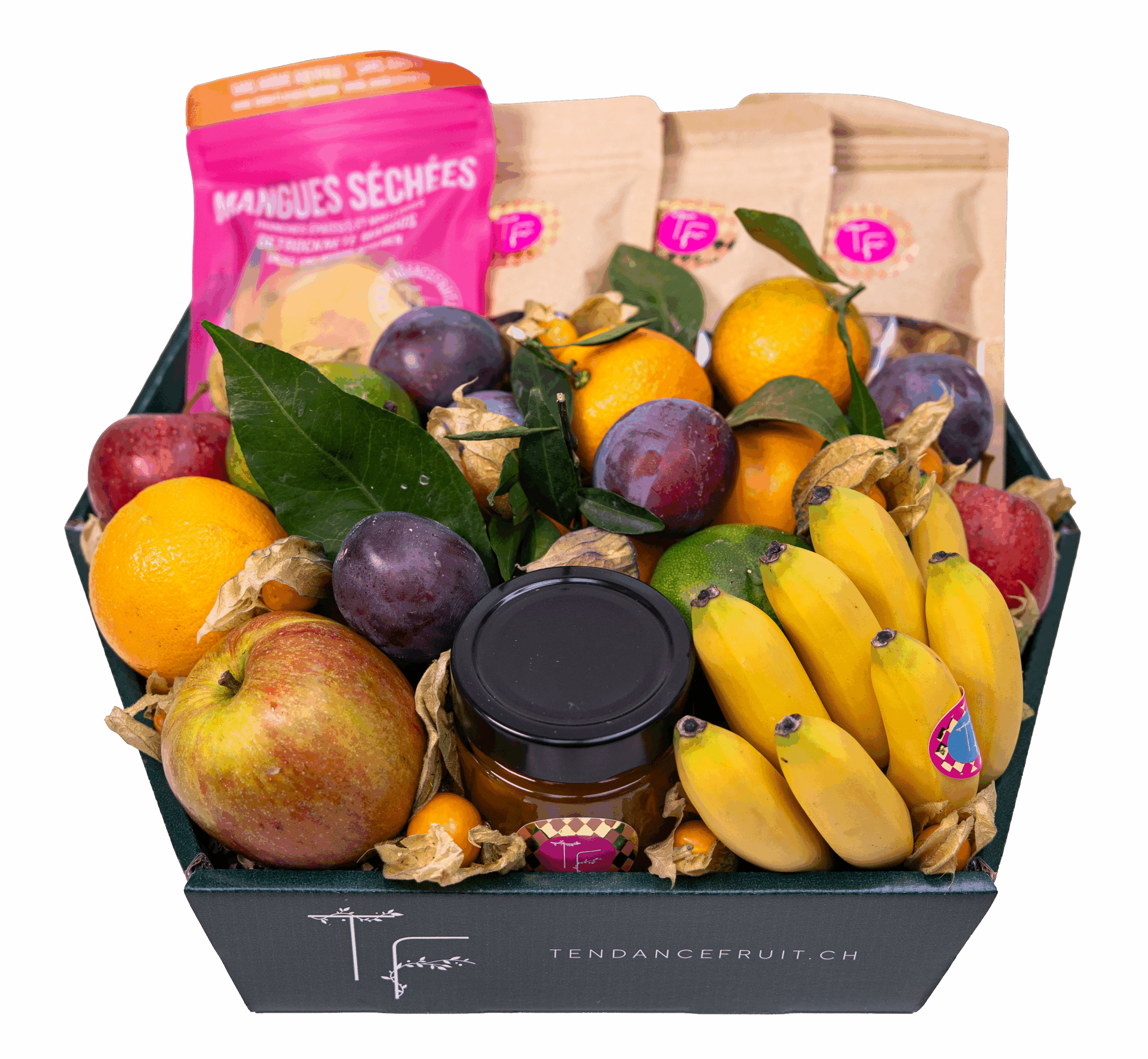 Panier de fruits gourmet exotiques vu de face